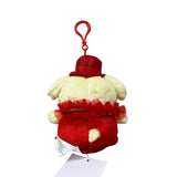 Officially licensed by Pompompurin Plush keychain in a red dress with hat on a white background. He’s perfect for ornament , displaying, or gifting Christmas to Sanrio fans of all ages.