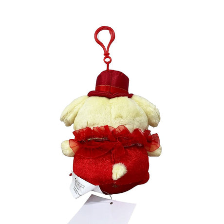 Officially licensed by Pompompurin Plush keychain in a red dress with hat on a white background. He’s perfect for ornament , displaying, or gifting Christmas to Sanrio fans of all ages.