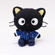 Sanrio officially licensed Chococat is dressed in a school uniform featuring a blue striped shirt, a white collar, and a bow tie. The collectible plush is defined by its black fur, yellow inner ears, and large white eyes. Perfect for collection or gifts