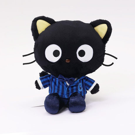 Sanrio officially licensed Chococat is dressed in a school uniform featuring a blue striped shirt, a white collar, and a bow tie. The collectible plush is defined by its black fur, yellow inner ears, and large white eyes. Perfect for collection or gifts