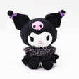 Officially licensed Sanrio Kuromi plush doll, wearing a black and white plaid school uniform dress with a black velvet pleated skirt. Kuromi's signature pink skull is embroidered on her black head. 