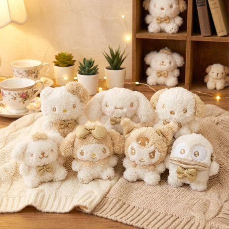 An officially licensed small and fluffy Sanrio characters Hello Kitty, My Melody, Cinnamoroll, Kuromi, Pompompurin, Pochacco, and Hangyodon sparkling gold tinsel fur and a metallic gold accessories.
