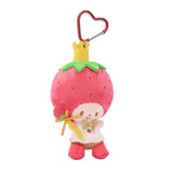 Officially licensed Sanrio Strawberry King plush keychain from the Strawberry News 50th Anniversary Series. The plush wears a signature look features a massive red strawberry head with embroidered "seeds" and a green leafy base, with a metallic pink heart-shaped carabiner. Perfect displaying, bag decoration or gifting Valentine's day gift to Sanrio fans of all ages.