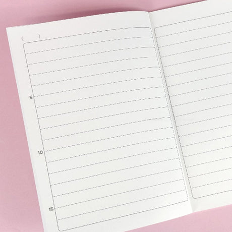 An officially licensed Usahana 17-lined Notebook in purple, featuring a central illustration of Usahana, surrounding cute flower icons, and a section at the bottom for student information