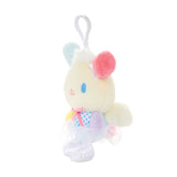 An officially licensed Sanrio Usahana plush keychain featuring the character with multicolored ears in a blue polka-dot ballerina tutu. The plush includes soft white angel wings, tiny bows on her ears, and a white plastic clip for easy attachment.
