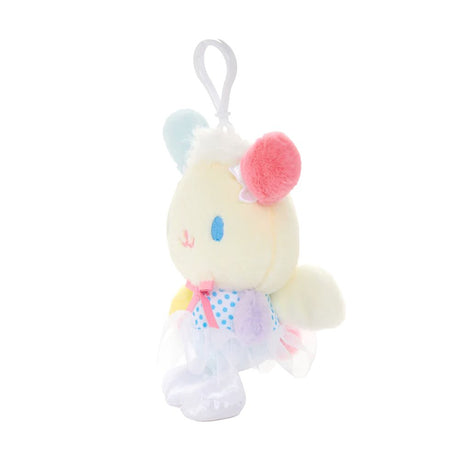 An officially licensed Sanrio Usahana plush keychain featuring the character with multicolored ears in a blue polka-dot ballerina tutu. The plush includes soft white angel wings, tiny bows on her ears, and a white plastic clip for easy attachment.
