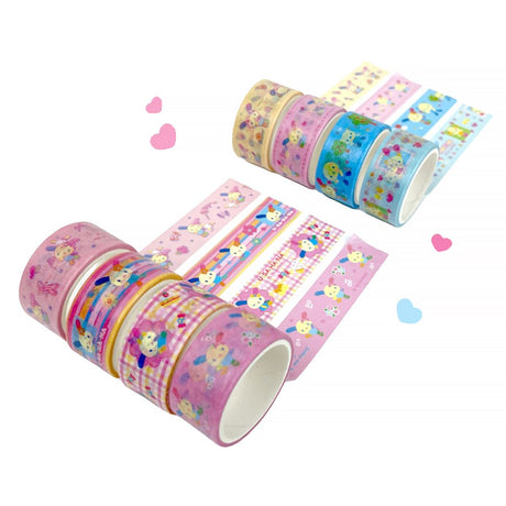 An officially licensed Sanrio 8-in-1 masking tape set featuring unique patterns of the beloved vibrant little bunny Usahana who loves to dance
