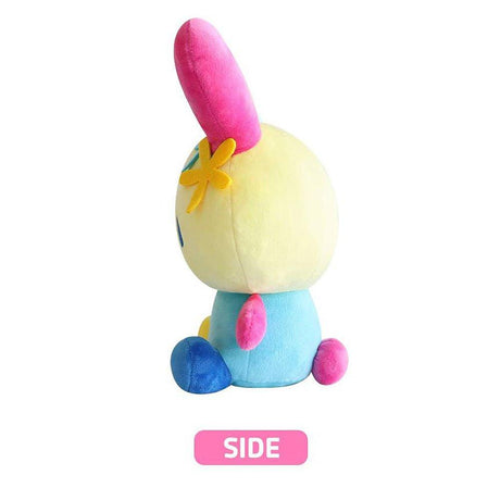 A colorful Usahana plush toy resembling a rabbit with blue ears, yellow body, and pink details, against a white background.