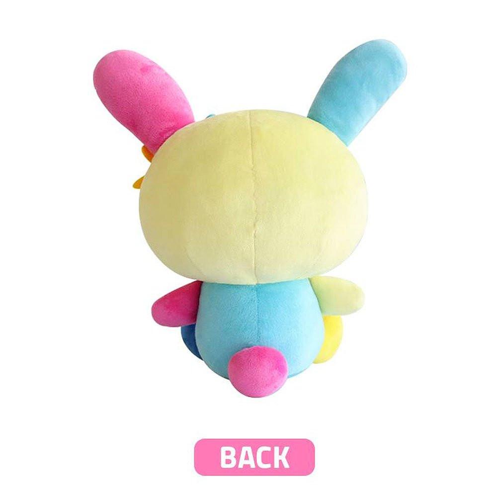 A colorful Usahana plush toy sitting back side against a white background.