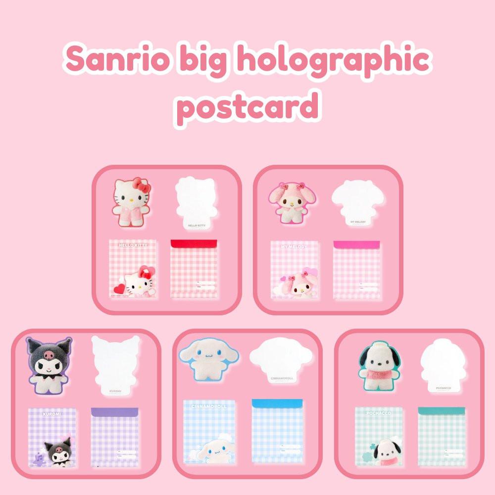 Official Sanrio big holographic postcard set featuring Hello Kitty, My Melody, Kuromi, Cinnamoroll, and Pochacco. Cute aesthetic stationery and die-cut letter set for Valentine's Day penpals and collectors.