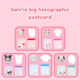 Official Sanrio big holographic postcard set featuring Hello Kitty, My Melody, Kuromi, Cinnamoroll, and Pochacco. Cute aesthetic stationery and die-cut letter set for Valentine's Day penpals and collectors.