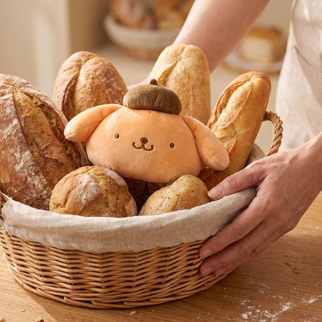 A wicker bread basket filled with assorted artisan breads and Pompompurin bun bread plush, held by a person in a warm bakery-like setting.