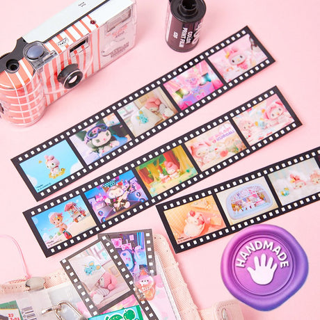 An officially licensed Sanrio Netflix series My Melody & Kuromi film strip stickers in a vintage-style 35mm film negative.