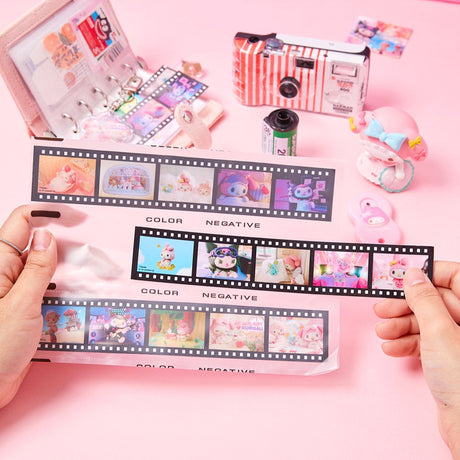 An officially licensed Sanrio Netflix series My Melody & Kuromi film strip stickers in a vintage-style 35mm film negative.