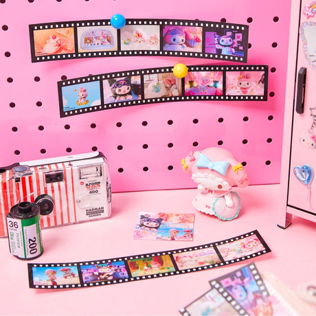 An officially licensed Sanrio Netflix series My Melody & Kuromi film strip stickers in a vintage-style 35mm film negative.