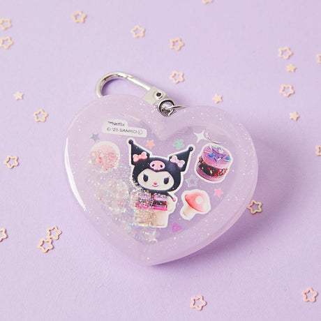Officially licensed Sanrio handmade heart-shaped water shaker keychains in pastel pink featuring My Melody and pastel purple featuring Kuromi