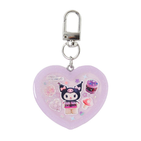 Officially licensed Sanrio handmade heart-shaped water shaker keychains in pastel pink featuring My Melody and pastel purple featuring Kuromi