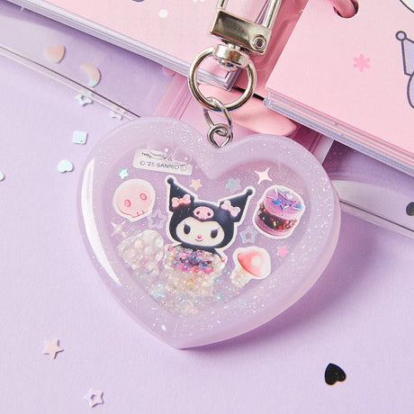 Officially licensed Sanrio handmade heart-shaped water shaker keychains in pastel pink featuring My Melody and pastel purple featuring Kuromi