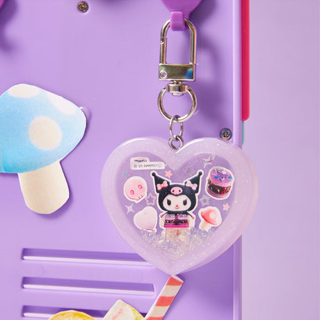 Officially licensed Sanrio handmade heart-shaped water shaker keychains in pastel pink featuring My Melody and pastel purple featuring Kuromi