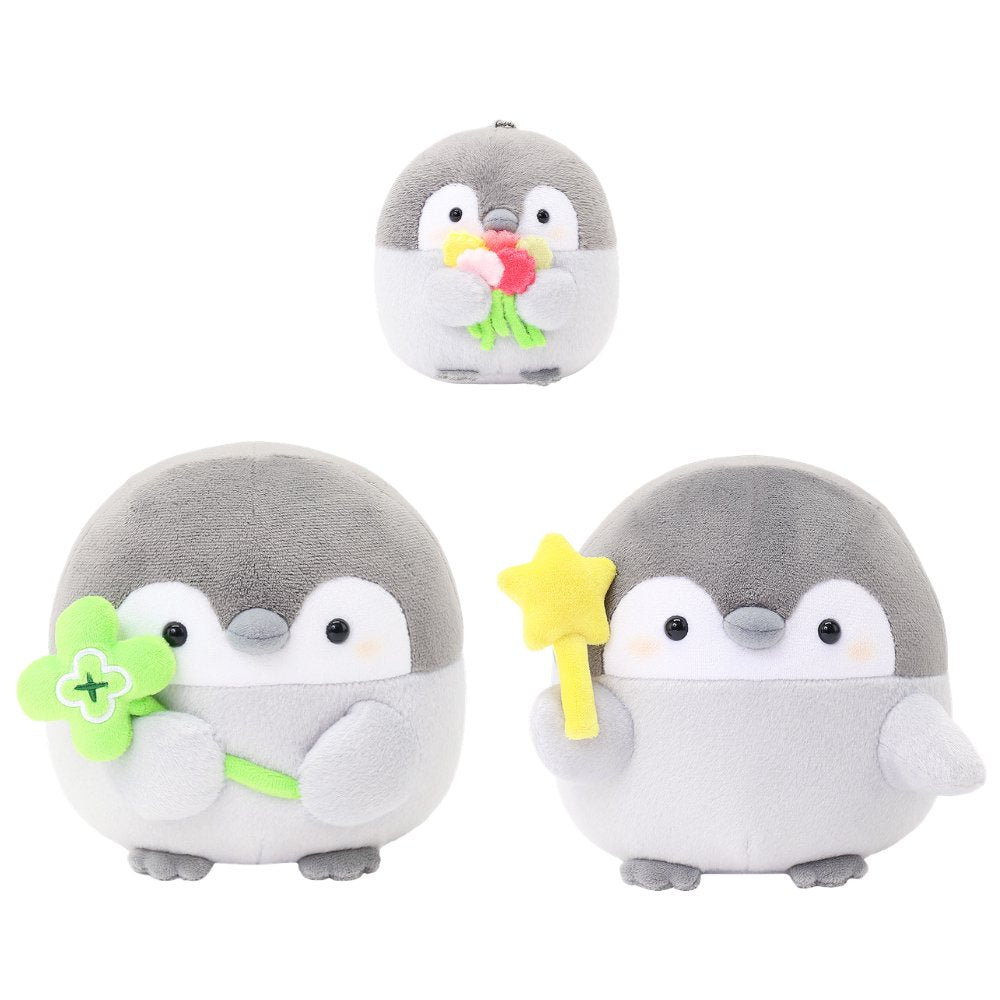 Complete Spiralcute Koupen Chan Bundle Set featuring 5 unique positive penguins: Four-leaf clover for luck, Star wand for motivation, and Flower bouquet for celebration ; the ultimate healing plush collection for adult workplace wellness and hobbyists.