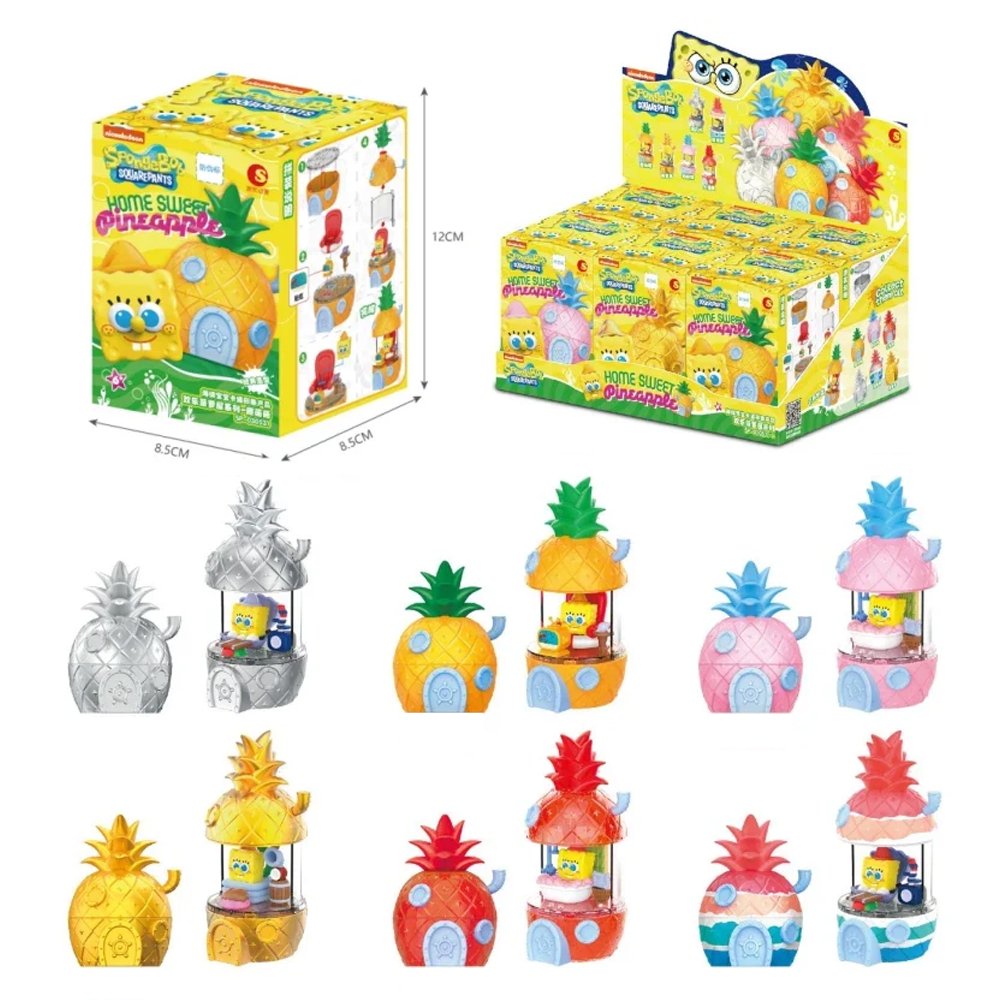 An officially collection of SpongeBob SquarePants "Home Sweet Pineapple" blind box figures in various colors, the pineapple exterior lifts to showcase a multi-level interior room