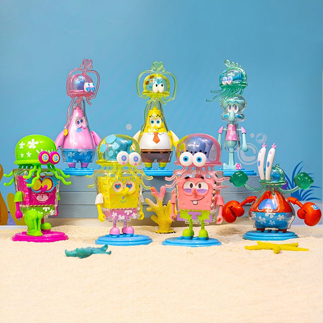 An officially licensed collection of SpongeBob SquarePants jellyfish-themed blind box figures shown with their colorful retail packaging