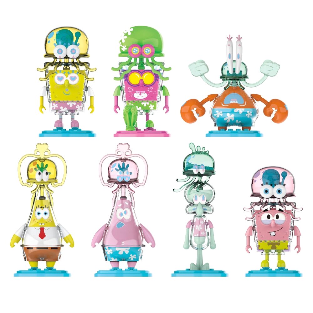 An officially licensed collection of SpongeBob SquarePants jellyfish-themed blind box figures shown with their colorful retail packaging