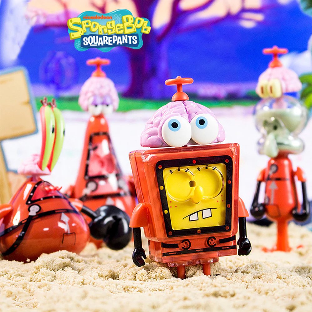 A group of officially licensed SpongeBob SquarePants figures from the Spinning Brain series featuring transparent bodies and pink brain-toppers with propellers