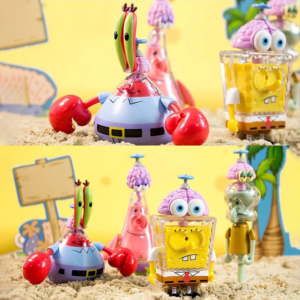A group of officially licensed SpongeBob SquarePants figures from the Spinning Brain series featuring transparent bodies and pink brain-toppers with propellers