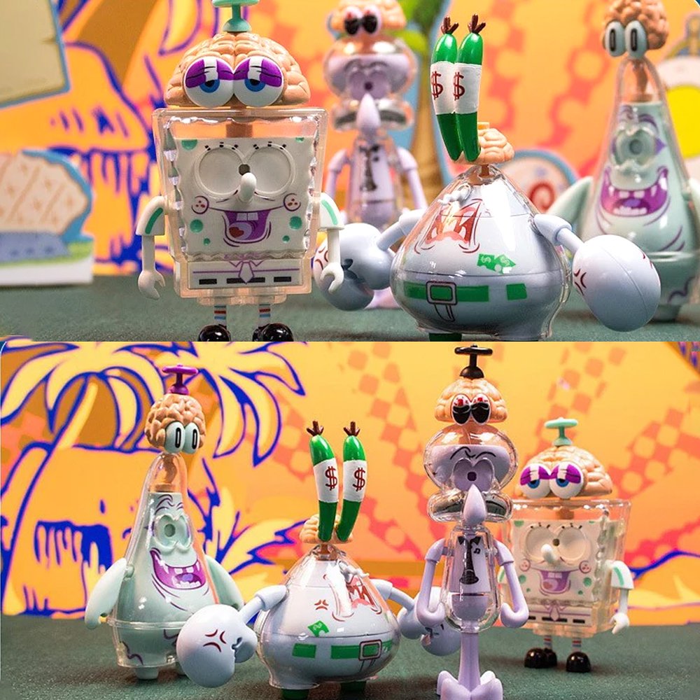 A group of officially licensed SpongeBob SquarePants figures from the Spinning Brain series featuring transparent bodies and pink brain-toppers with propellers