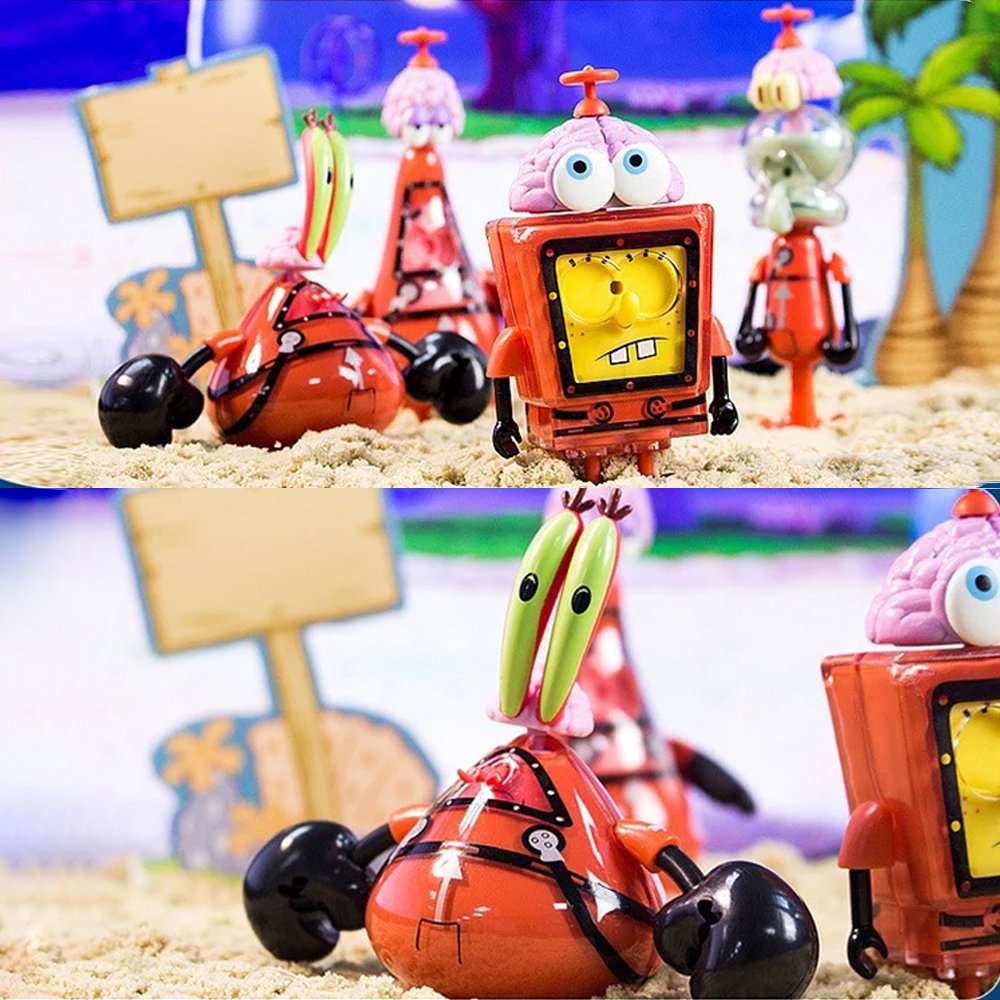 A group of officially licensed SpongeBob SquarePants figures from the Spinning Brain series featuring transparent bodies and pink brain-toppers with propellers