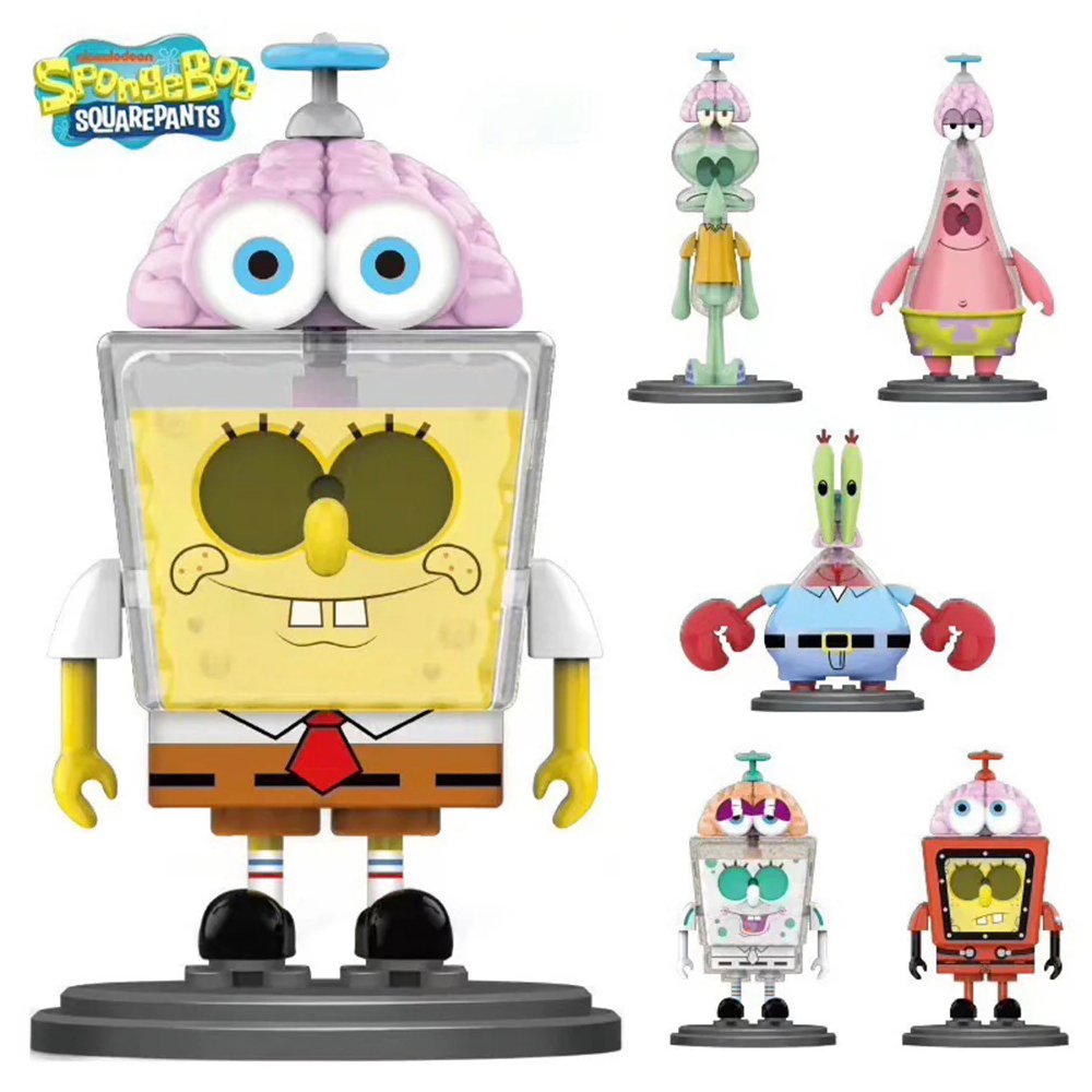 A group of officially licensed SpongeBob SquarePants figures from the Spinning Brain series featuring transparent bodies and pink brain-toppers with propellers