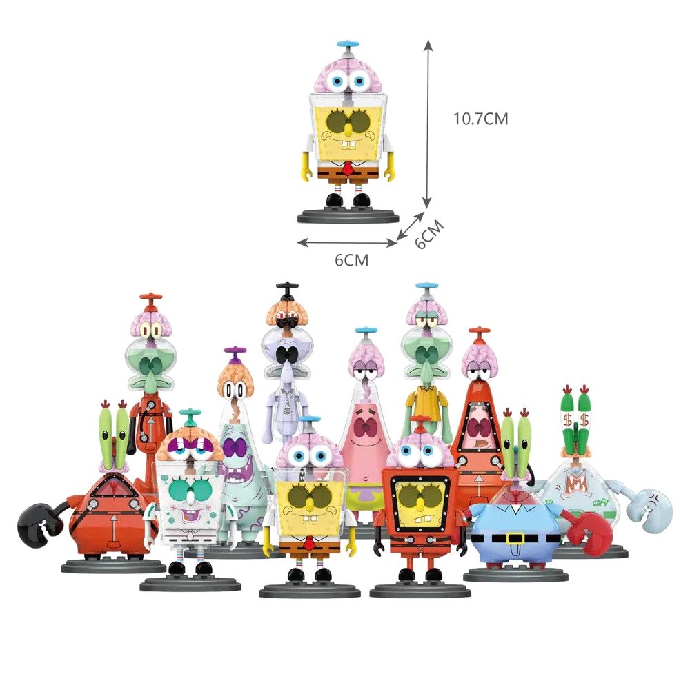 A group of officially licensed SpongeBob SquarePants figures from the Spinning Brain series featuring transparent bodies and pink brain-toppers with propellers
