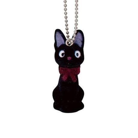 Officially licensed Studio Ghibli Kiki's Delivery Service Jiji the black cat flocked keychain with a red bow and soft fuzzy texture, suspended by a silver ball chain.