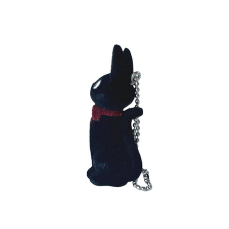 Officially licensed Studio Ghibli Kiki's Delivery Service Jiji the black cat flocked keychain with a red bow and soft fuzzy texture, suspended by a silver ball chain.