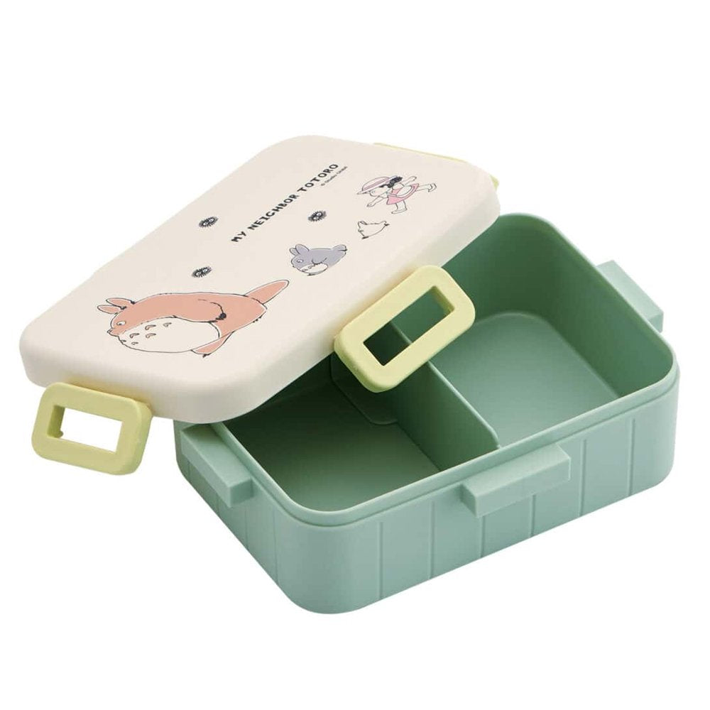 Officially licensed Ghibli My Neighbor Totoro Skater bento lunch box in sage green with an open cream lid displaying Mei and Totoro illustrations with a removable divider