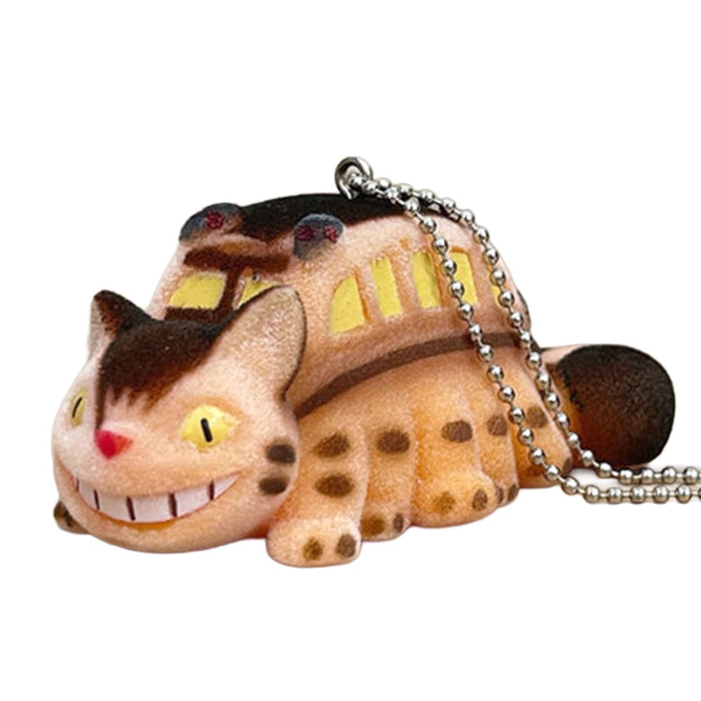 Officially licensed Studio Ghibli Catbus flocked keychain figure with a fuzzy texture, yellow glowing eyes, and wide grin, featuring a silver ball chain.