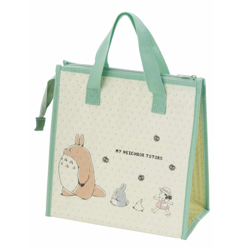 Officially licensed My Neighbor Totoro Skater insulated tote bag in cream and sage green featuring Totoro, Mei, and soot sprites on the front