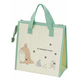 Officially licensed My Neighbor Totoro Skater insulated tote bag in cream and sage green featuring Totoro, Mei, and soot sprites on the front