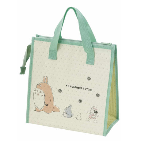 Officially licensed My Neighbor Totoro Skater insulated tote bag in cream and sage green featuring Totoro, Mei, and soot sprites on the front