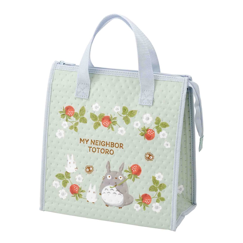 Officially licensed My Neighbor Totoro Skater insulated tote bag in light sage green featuring raspberries, white flowers, and Totoro