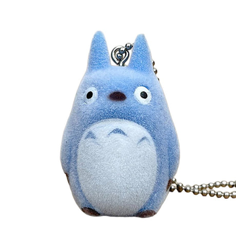 Officially licensed Studio Ghibli Blue Chu Totoro flocked keychain mascot with a soft fuzzy finish and silver ball chain.