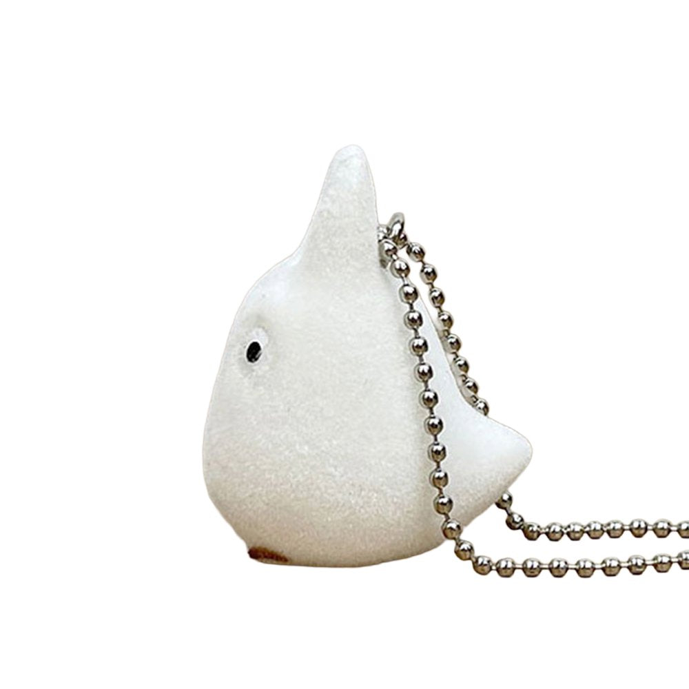 Officially licensed Studio Ghibli small White Totoro (Chibi-Totoro) flocked mascot keychain, featuring a fuzzy white texture and black eyes.