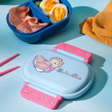 Officially licensed Ponyo Skater bento lunch box in light blue and navy blue with a lid featuring Ponyo eating ham, alongside a removable interior divider