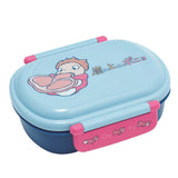 Officially licensed Ponyo Skater bento lunch box in light blue and navy blue with a lid featuring Ponyo eating ham, alongside a removable interior divider