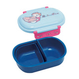 Officially licensed Ponyo Skater bento lunch box in light blue and navy blue with a lid featuring Ponyo eating ham, alongside a removable interior divider