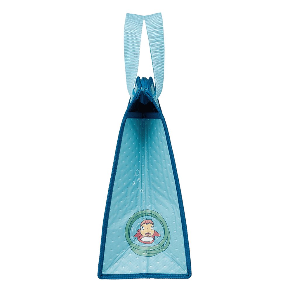Officially licensed Ponyo Skater insulated tote bag in bright sky blue with dark blue trim, featuring Ponyo and her sisters swimming with bubbles