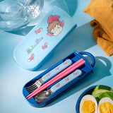 Officially licensed Ponyo Skater 3-piece utensil trio set featuring pink chopsticks, a stainless steel fork, and a spoon with a light blue slide-open case with Ponyo and her sisters graphics