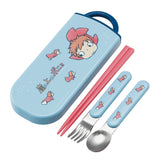 Officially licensed Ponyo Skater 3-piece utensil trio set featuring pink chopsticks, a stainless steel fork, and a spoon with a light blue slide-open case with Ponyo and her sisters graphics
