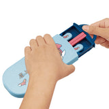 Officially licensed Ponyo Skater 3-piece utensil trio set featuring pink chopsticks, a stainless steel fork, and a spoon with a light blue slide-open case with Ponyo and her sisters graphics
